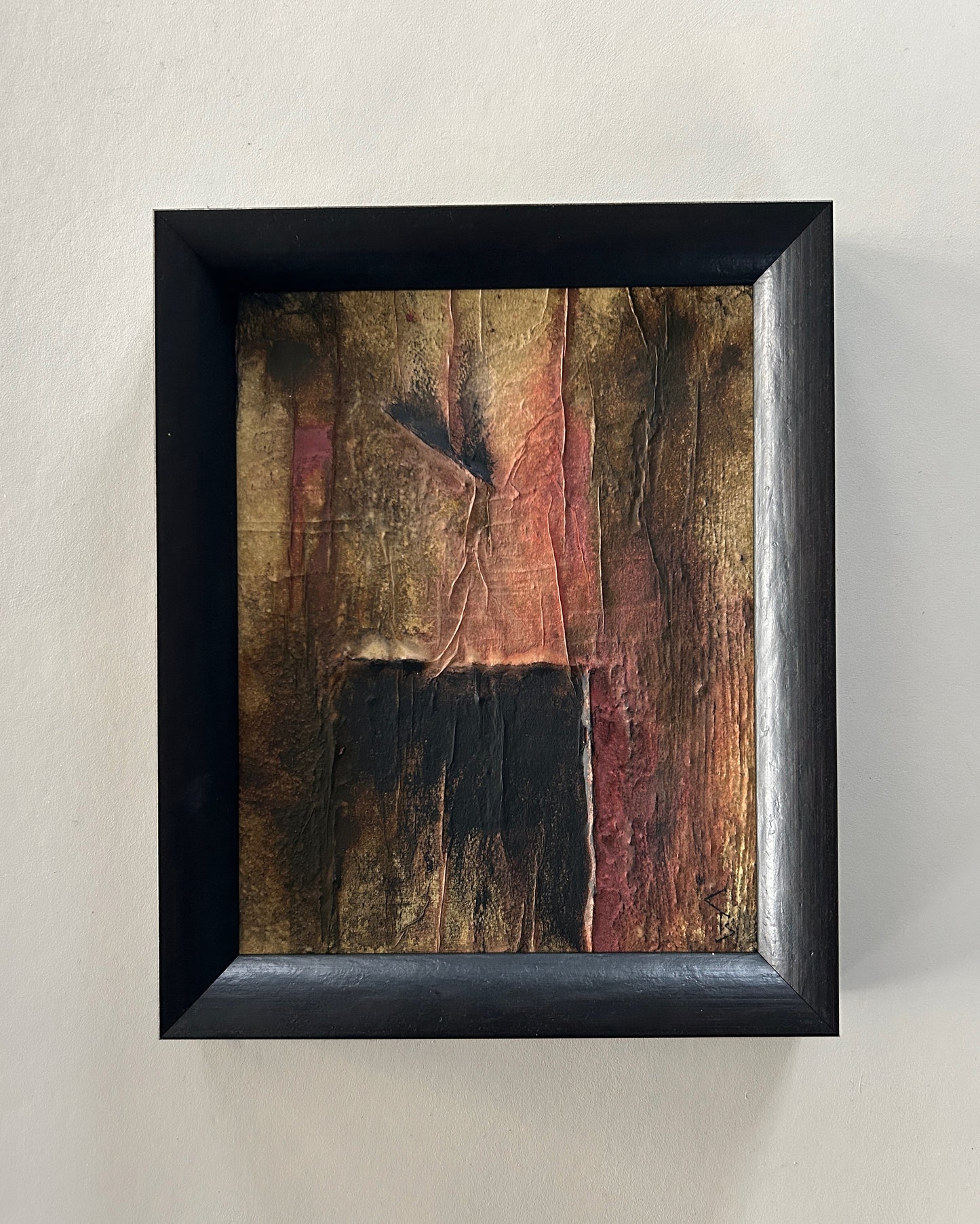 Framed abstract artwork inspired by Norse markings, featuring textured layers, earthy tones, and a raw yet sophisticated design. A unique one-of-a-kind piece that captures the essence of nature and ancient craftmanship.