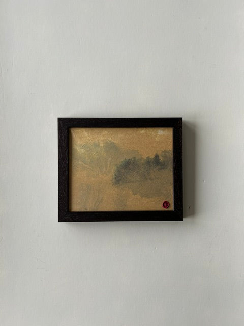 Framed abstract landscape artwork, inspired by japanese ink art, created with ink, charcoal and paper techniques. Encased in a walnut-style frame with a red wax stamp signature, blending traditional craftmanship with modern aesthetics